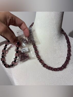 Vintage Purple Glass Bead Jewelry Set Necklace Earrings Bracelet Extra Beads